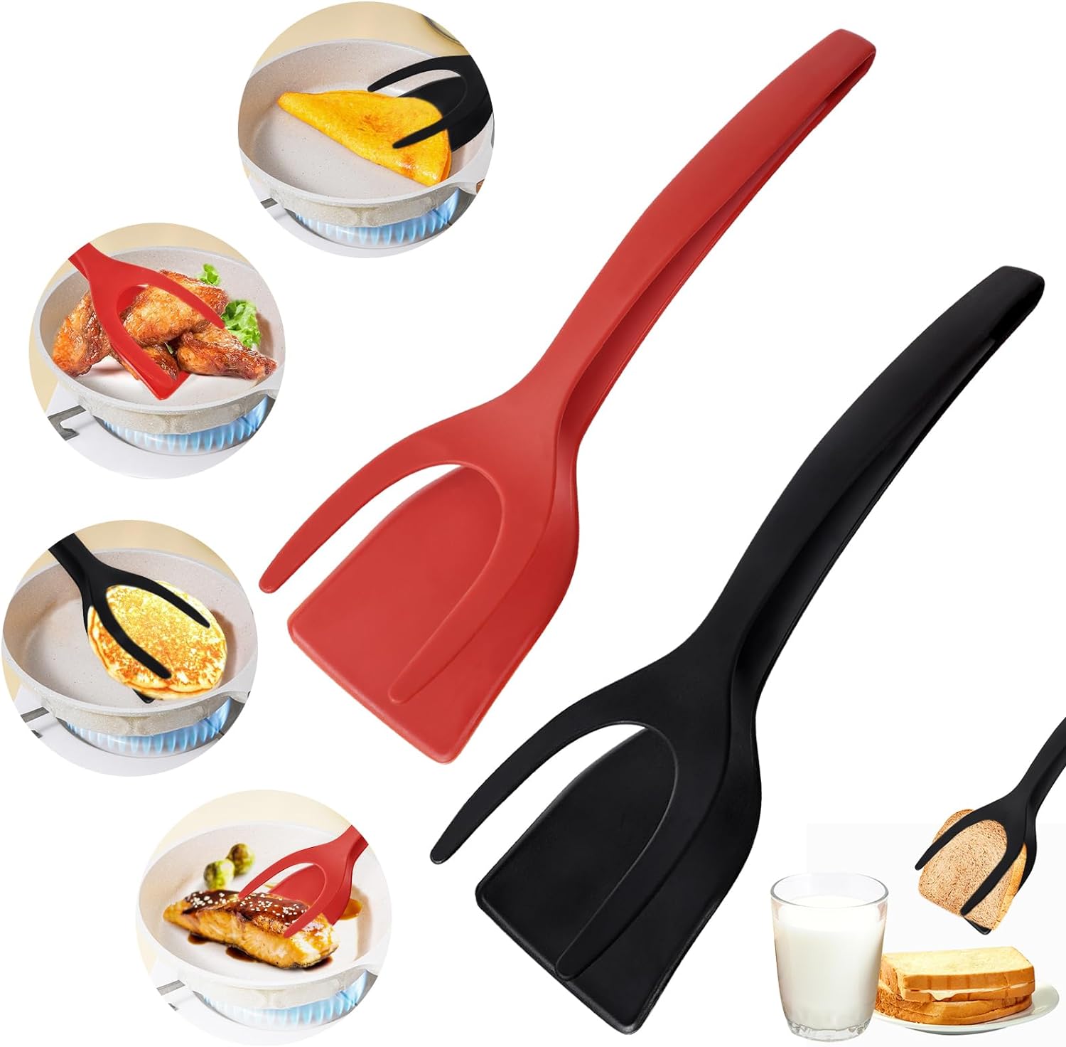 2-in-1 handle and flip scraper tongs, multi-functional non-stick kitchen scraper tongs Barbecue tongs for kitchen cooking baking (black and red)