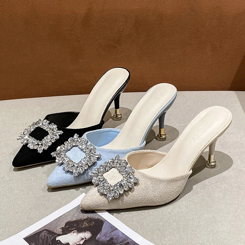 Summer New Korean Rhinestone Square Buckle Pointed Head Baotou Half Drag Fine Slippers with Womens Shoes 241119