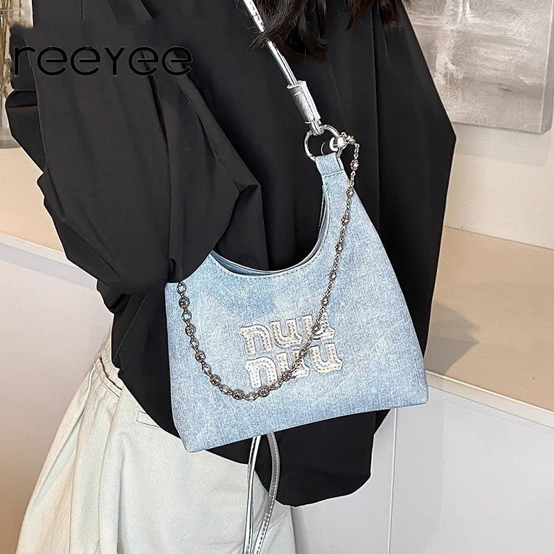 REEYEE trend new women s niche minimalist bucket high end multifunctional denim armpit chain crossbody bag leisure designer shoulder bag