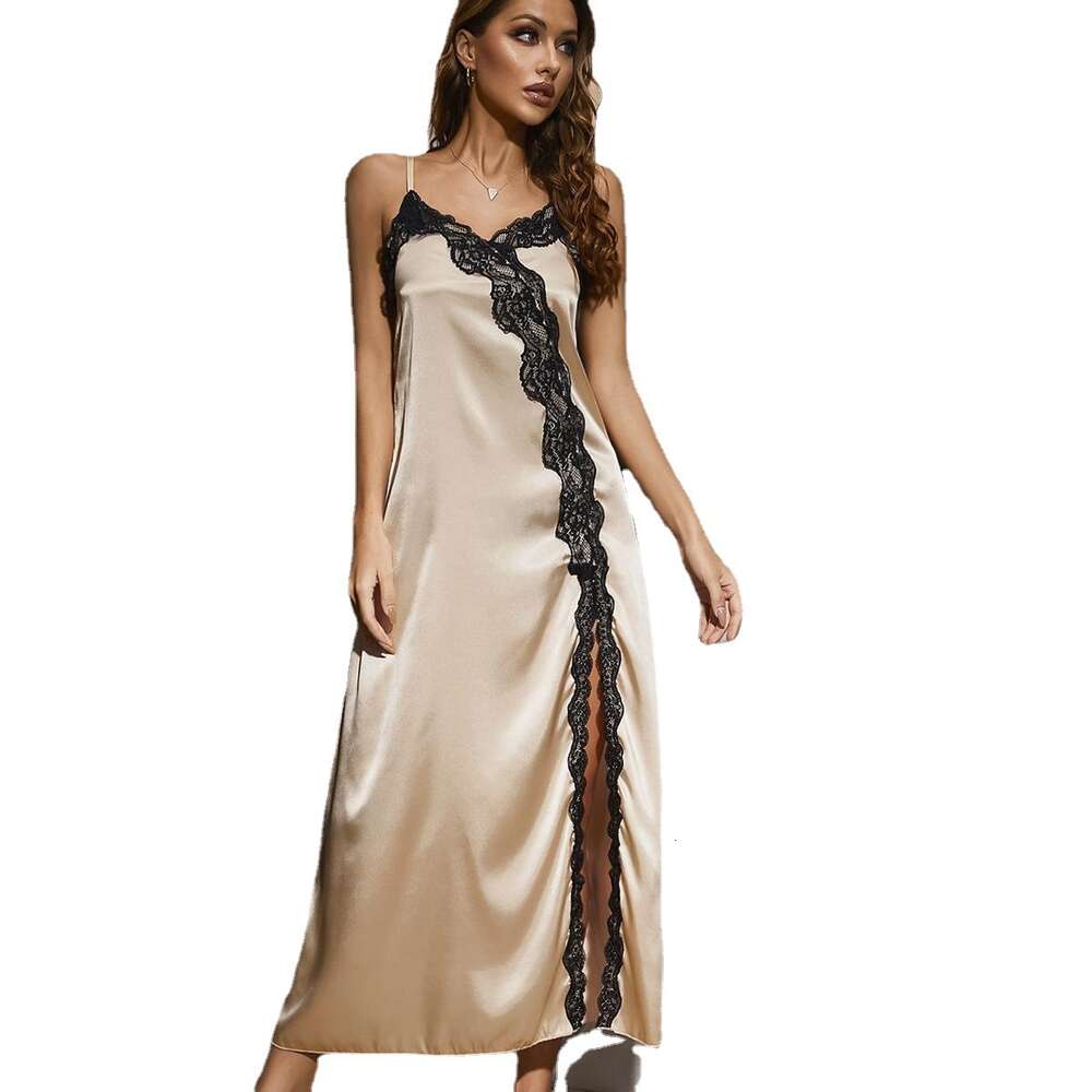 Sleeping Dress Women's Summer Split Lace Strap Imitation Silk Sexy Sleepwear Home F41942