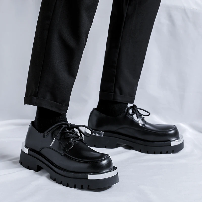 Casual Shoes Platform Man Japan Harajuku Korean Metal Fashion Black Business Wedding Leather Shoe Men Streetwear Cargo