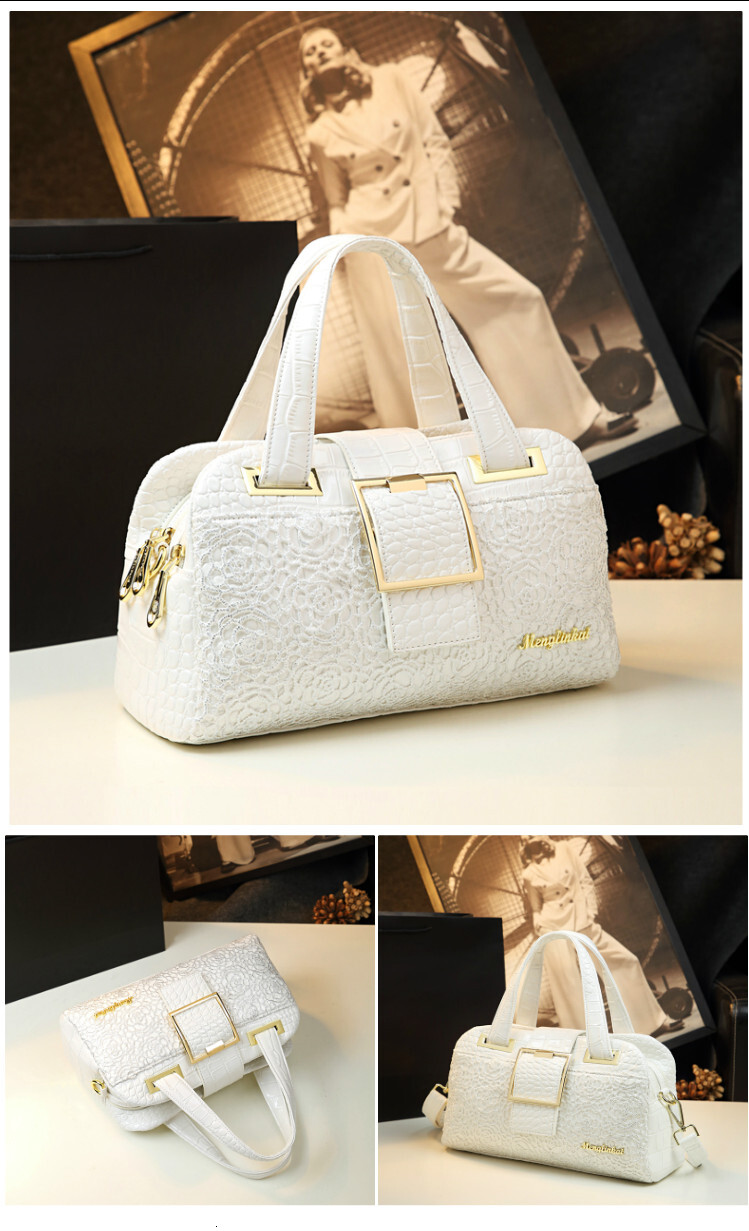 Cowhide Leather Women Handbag Lace Crocodile Pattern Mother Bag Shoulder Messenger Three-Layer Middle-Aged Portable Boston Bags Genuine Leather BagVoy