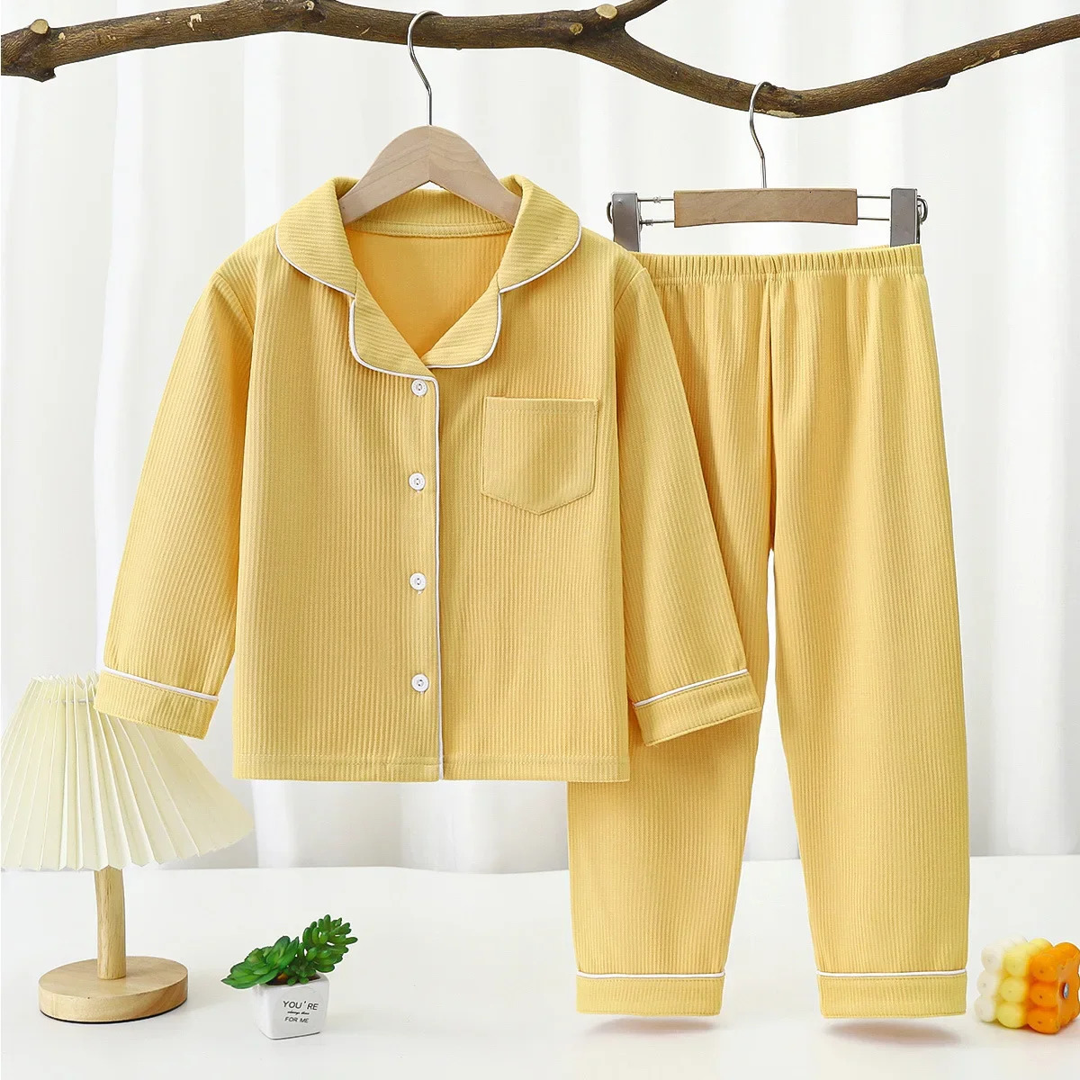 Unisex casual sleepwear set for children aged 1-16 boys long sleeved front pocket lapel toplong pants girls sleepwear set 241118