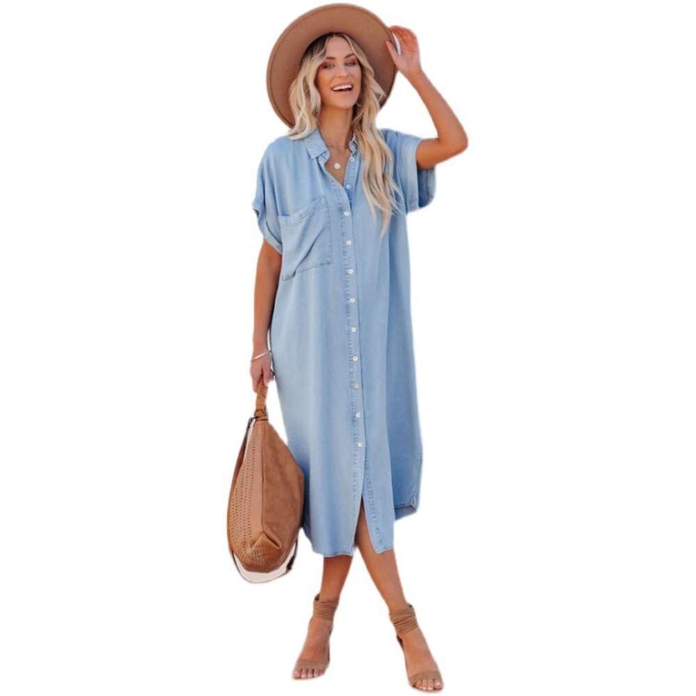 New Fashionable Solid Color Denim Short Sleeved Dress, Medium Length Split Lining Dress F41941