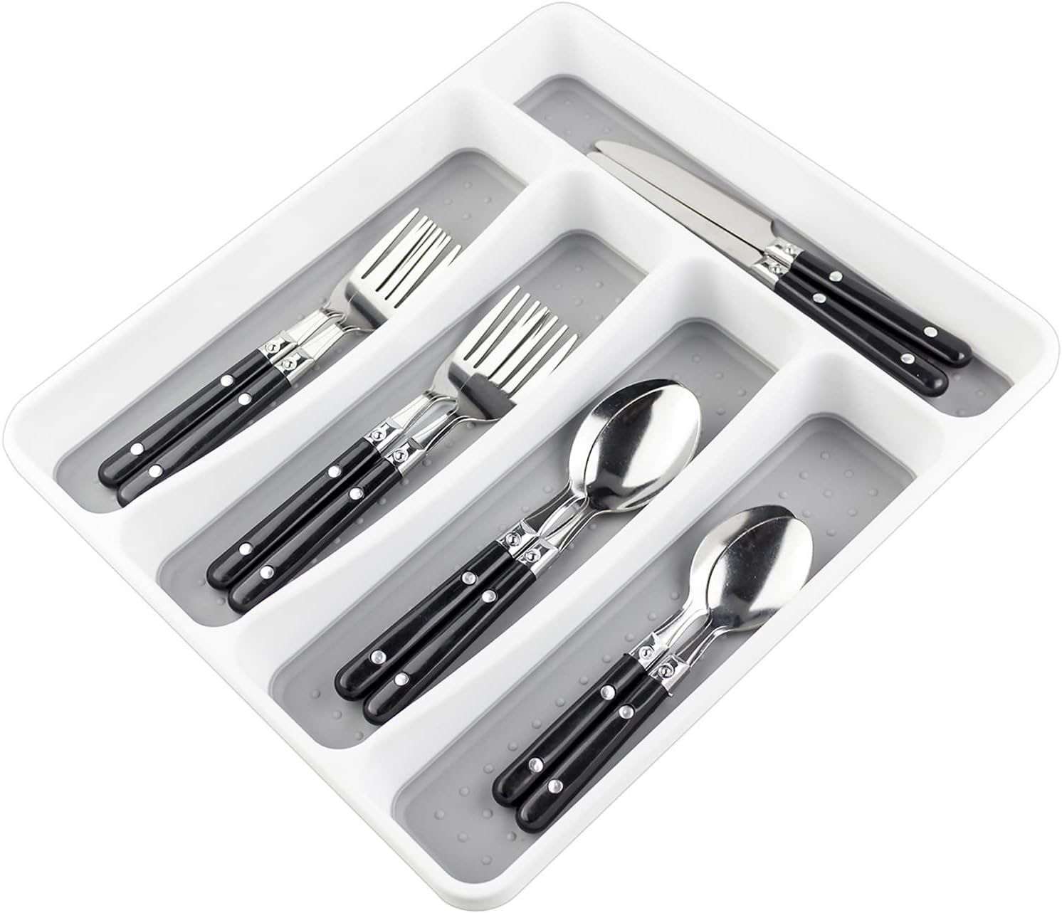 LeMuna Silverware Tray for Drawer, Plastic Cutlery Tray Kitchen Drawer Organizer, 5 Compartment Flatware Cutlery Organizer, Soft-Grip Lining and Non-S