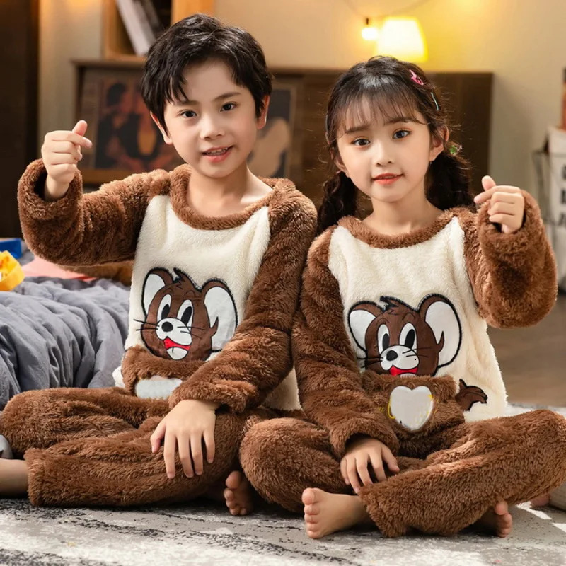 Pullover Autumn Winter Childrens Flannel Pajamas Childrens Plush Girls Warm Wool Clothing Set Cute Pajamas Boys Pajamas 241118