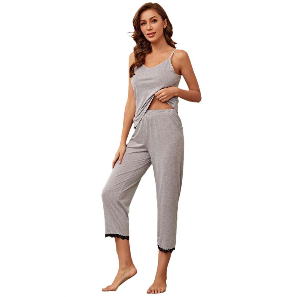 Pama Summer Lace Edge Sexy Suspender Pants Two-piece Set for Women's Home Wear F41936