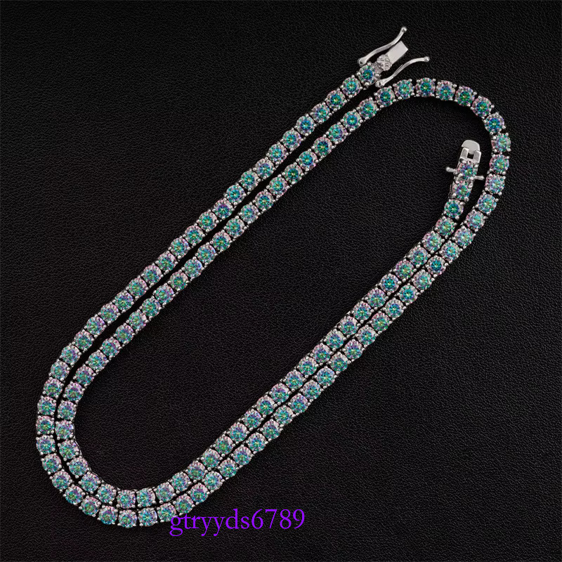 3-4mm Rainbow Blue Green Tennis Chain Women D VVS Moissanite Pass Dia Tester Hip Hop S Sier Necklace