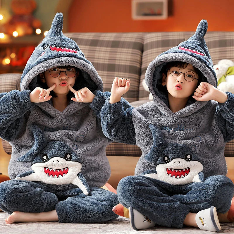 Winter Warm Youth Pajama Animal Cartoon Childrens Pajama Set Coral Velvet Plush Home Clothing Set Hooded Flannel Boys Pajama 241118