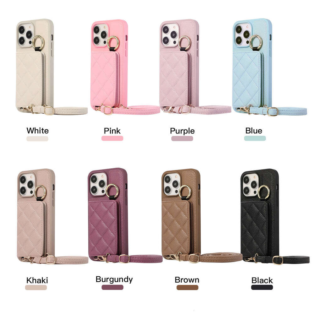 Suitable for iPhone 16 Pro phone case insert card Apple 15 Plus crossbody with mirror ring diamond grid protective cover