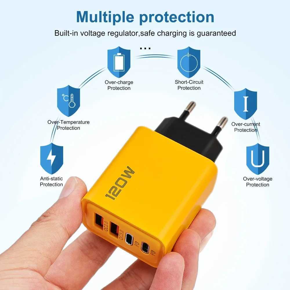 Quick Charging 120W 4-port Mobile Phone Charger QC USB Type C Charger Dual PD 3.0 Wall Mounted Adapter EU US Plug Y241119