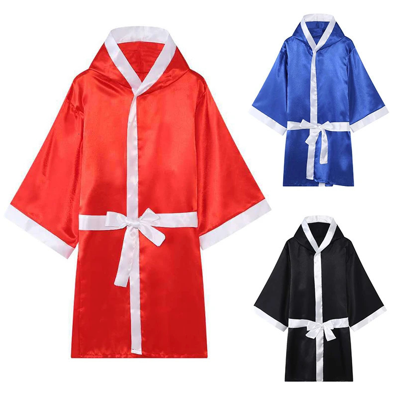 Boxing MMA Robes with Hood Full Length Satin Walkout Robe Men Women Adult Martial Arts Kickboxing Gown Red Blue Black Polyester 241118
