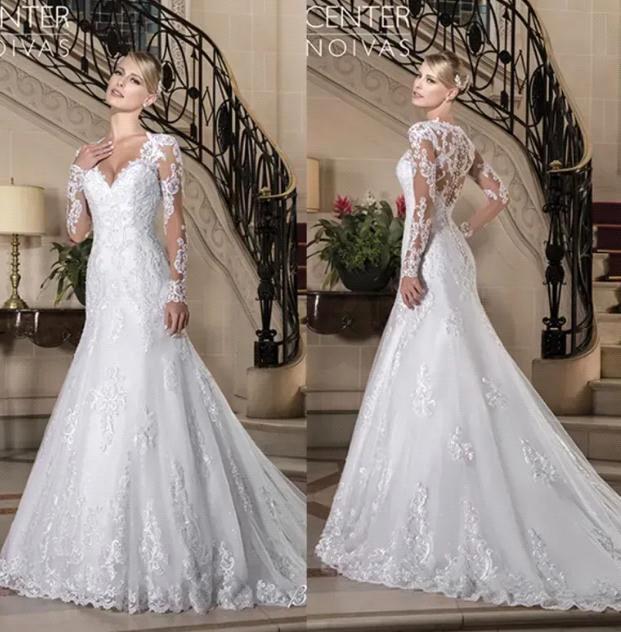 Vintage V-Neck Long Sleeve Dresses Beaded Button Back Sheer Bridal Wedding Gowns Vestido De Novia Bc18660 6660311