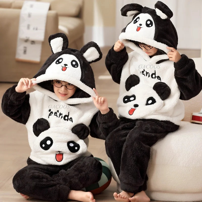 Winter Childrens Pajamas Childrens Plush Thick Pajama Set Pajamas Boys and Girls Pajamas Hoodies Pajamas 4 6 8 12 Years 241118