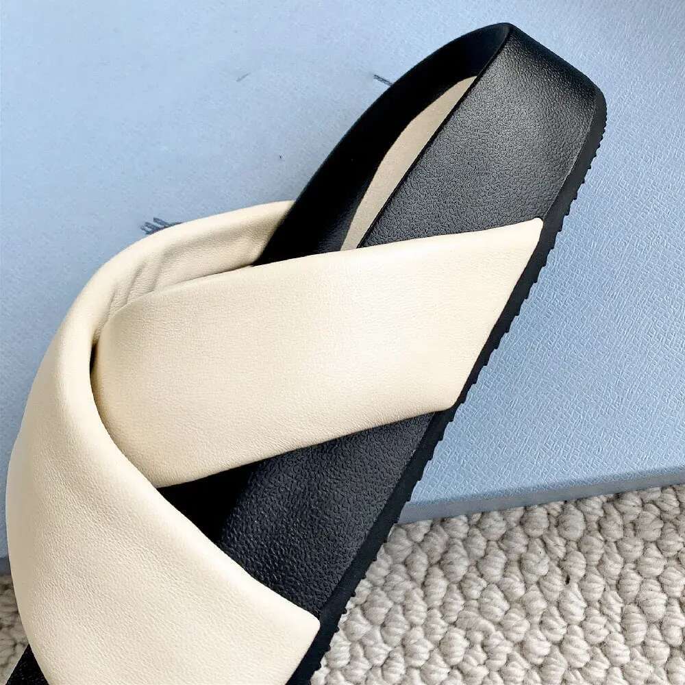 Women's thick sole platform slip-on summer slippers soft comfortable sheepskin casual female sandals open toe slides shoes women b010