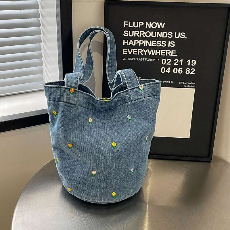 Hot Selg Embroidery Versatile Leisure Denim Fashionable Women's Shoulder Bag 2025 New Trend Large Capacity Bucket Bags