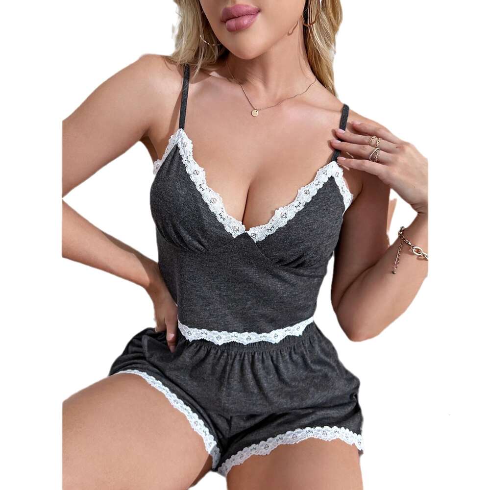 Pamas Women's Summer V-neck Strap Lace Sexy Home Fur Set F41934