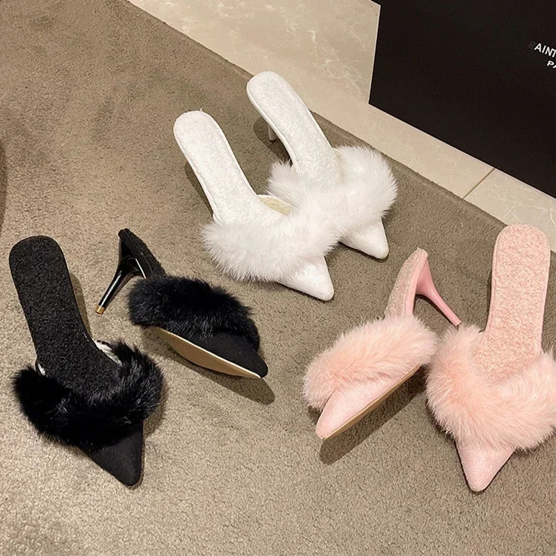 Sexy Fur Pointed Toe Women Elegant Home Slippers High Heels Fashion Warm er Winter Pumps Shoes Trend Female Botas 241118