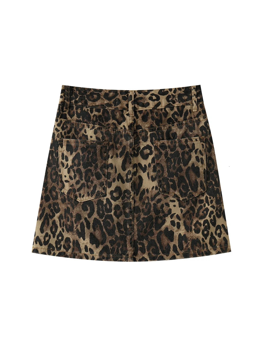Leopard Print Denim Skirts for Women American Retro Y2k Fashion Streetwear High Waisted Mini Jeans Skirts Hip Hop Vintage Skirts 240419