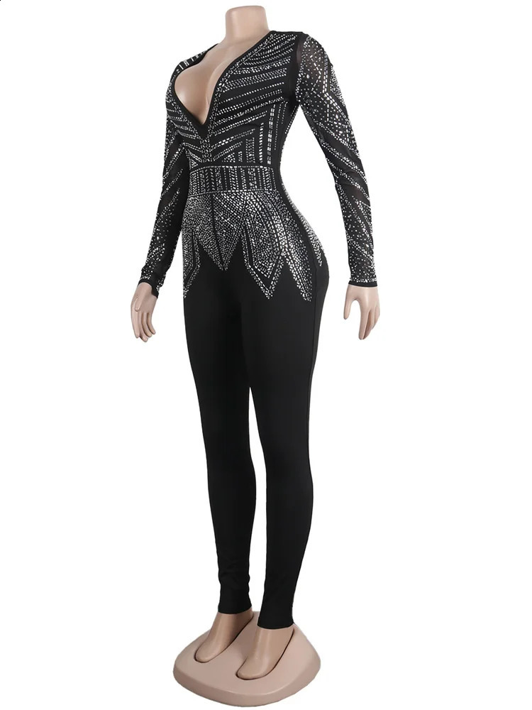 Beyprern Sparkle Black Rhinestone Pants jumpsuit Womens Autumn Long Sleeve Crystal jumpsuit Nightclub Set 241115