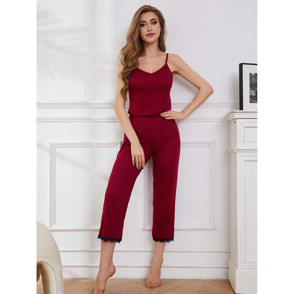 Pama Summer Lace Edge Sexy Suspender Pants Two-piece Set for Women's Home Wear F41936