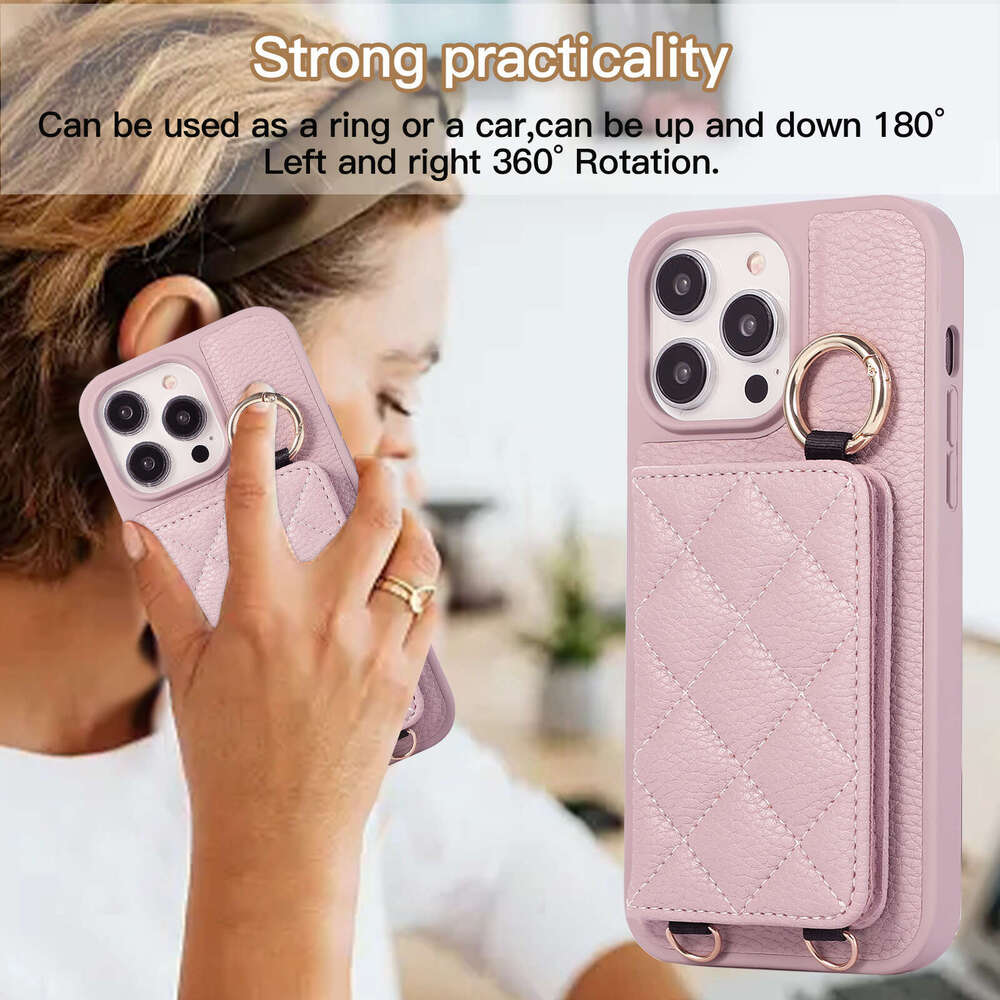 Suitable for iPhone 16 Pro phone case insert card Apple 15 Plus crossbody with mirror ring diamond grid protective cover