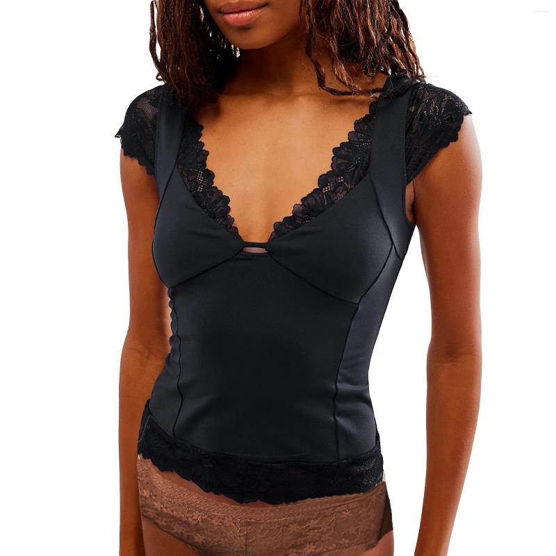 Women's T Shirts Women Going Out Lace Cami Y2K Deep V Neck Cap Sleeve Backless Trim Form Fittings Crop Tops