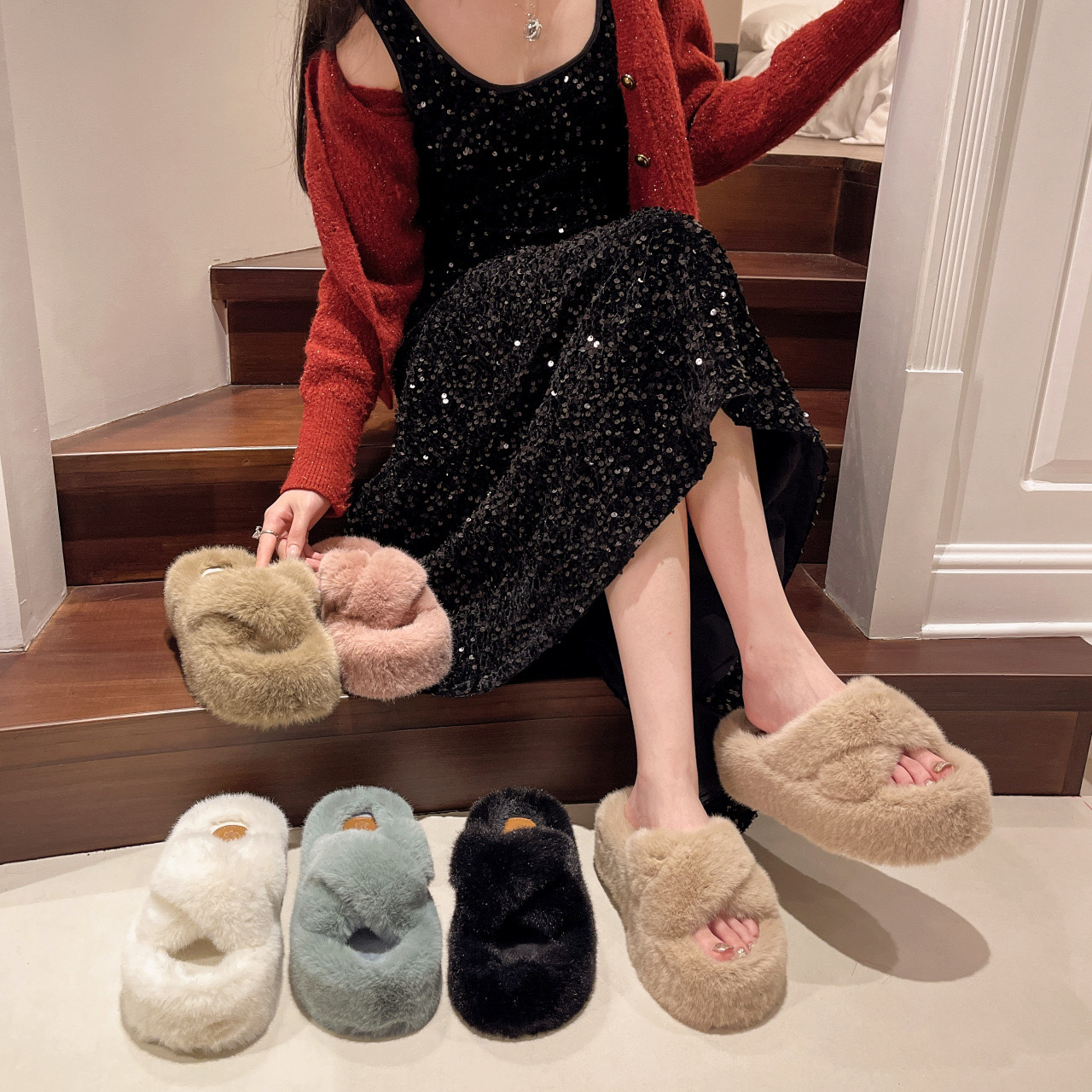 band Cross slippers women cut-out solid color slides ladies comfy indoor flipps rabbit fur New open toe femmes pantoufles