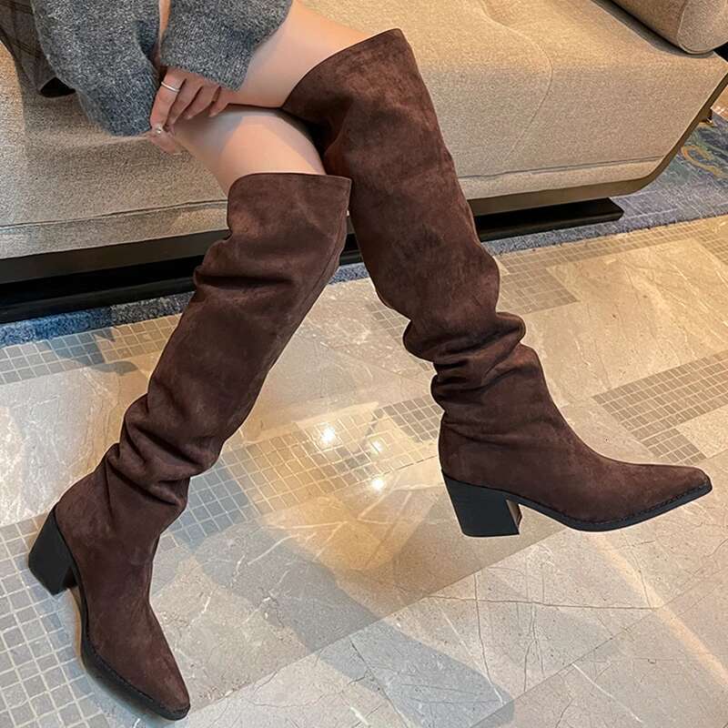 Designer Vintage Women Knee High Boots Fashion Slip On Long Booties Autumn Winter Thick Heels Ladies Shoes
