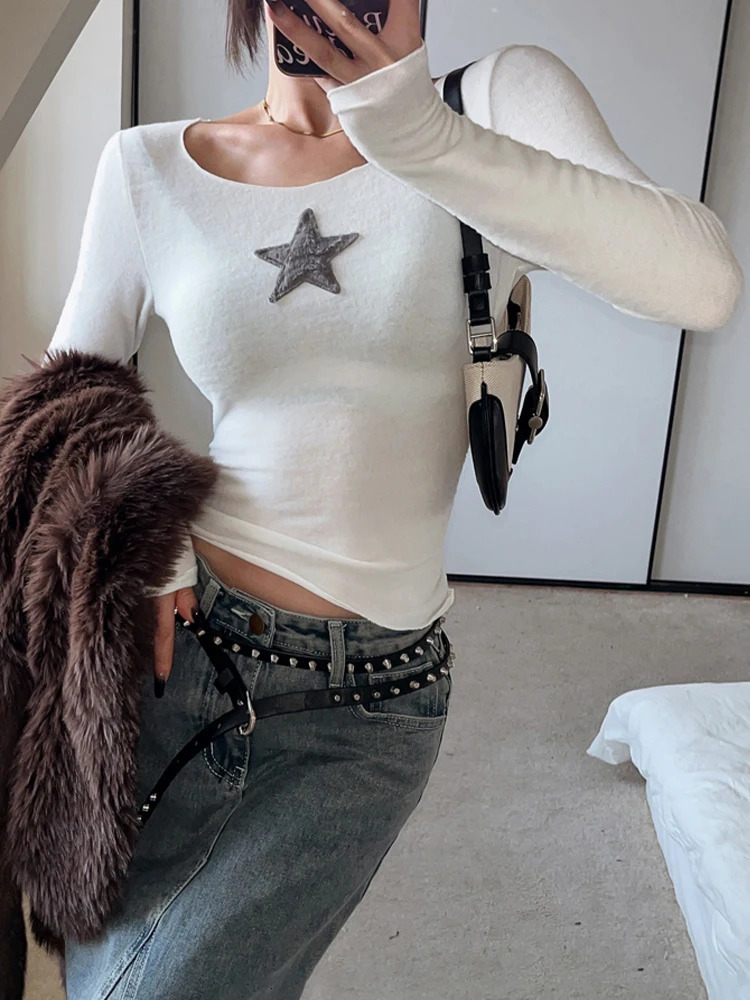 American Retro Star T Shirt Women Spring Autumn Vintage Long Sleeve Basic Tees Streetwear Casual Sexy Slim Crop Top Y2k Clothes 240409