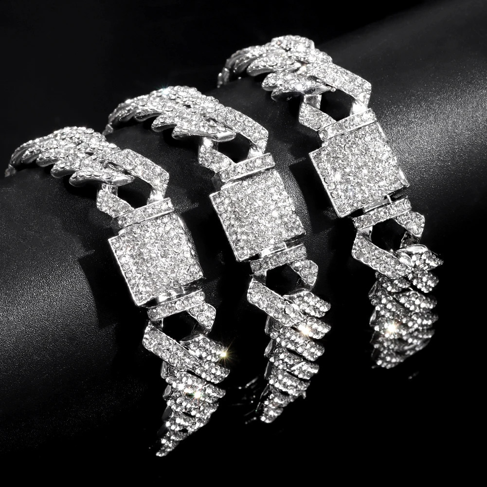 Fashion Bling Paved Rhinestone Prong Cuban Chain Bracelet for Women Men Hip Hop Iced Out Chunky Link Bracelets Jewelry 241119