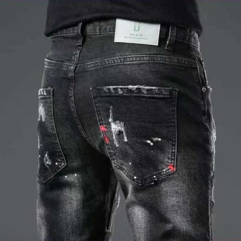 Mens Cowboy Pants Ripped Broken Trousers with Print Mens Jeans Tight Pipe Grunge Y2k Holes Skinny Cropped Patch Slim Fit Torn Xs W250222