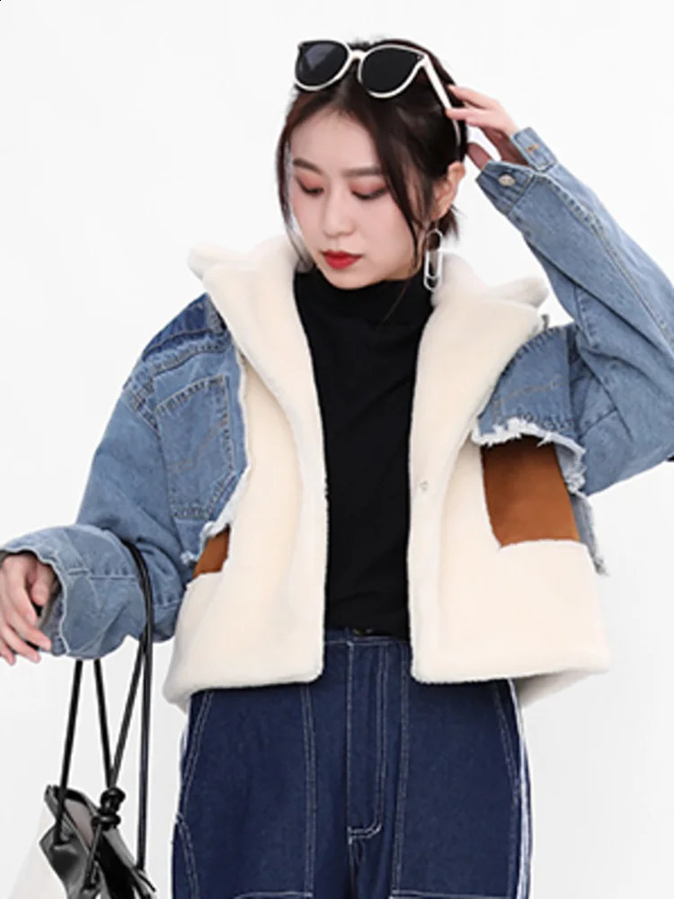 DEAT Autumn sheep fur turndown collar full sleeves denim blue patchwork spliced clothes letters printed coat trench WJ1020 241119