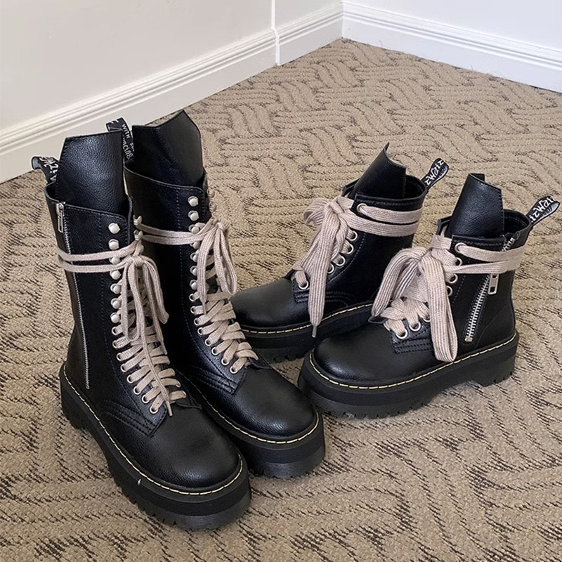 2025 new lace brand designer up mid-calf boots big toe rubber motorcycle bottes femme winter leather stovepipe booties for women 182c