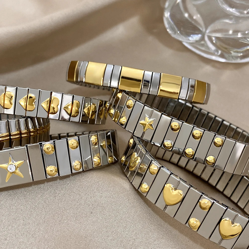 Vintage Stainless Steel Bangles Bracelet Classic Elasticity Love Heart Bangle for Women Wristband Waterproof Jewelry Gifts 240410