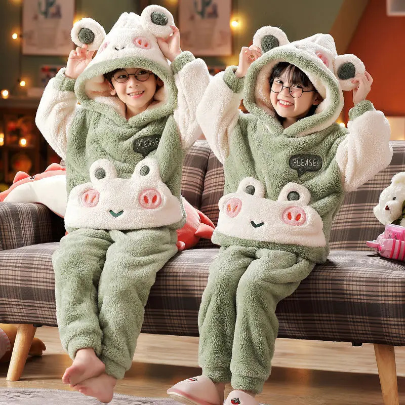 Winter Warm Youth Pajama Animal Cartoon Childrens Pajama Set Coral Velvet Plush Home Clothing Set Hooded Flannel Boys Pajama 241118