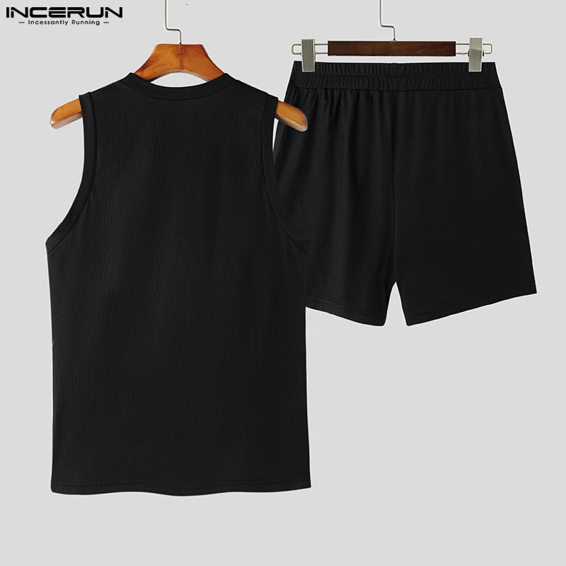 Men Sets Solid Color Summer Streetwear O-neck Sleeveless Tank Tops Shorts 2PCS Fitness Mens Casual Suits S-5XL INCERUN 240412
