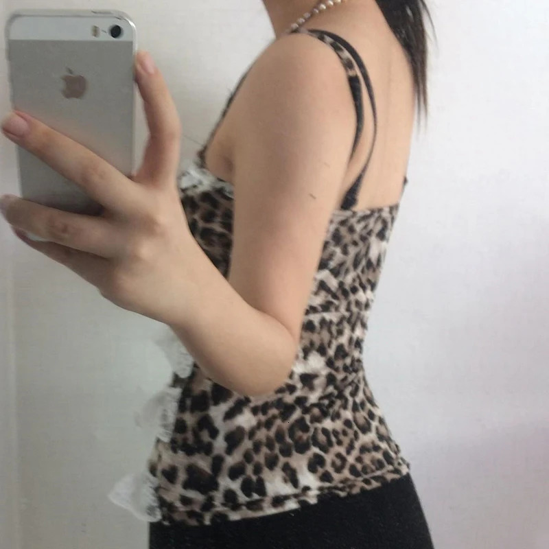 IAMTY Y2K Leopard Print Lace Ruffle Patchwork Camis Brown Coquette Aesthetic Slim-fit Bow Tank Tops Cute Fairycore Vest Cute 240408