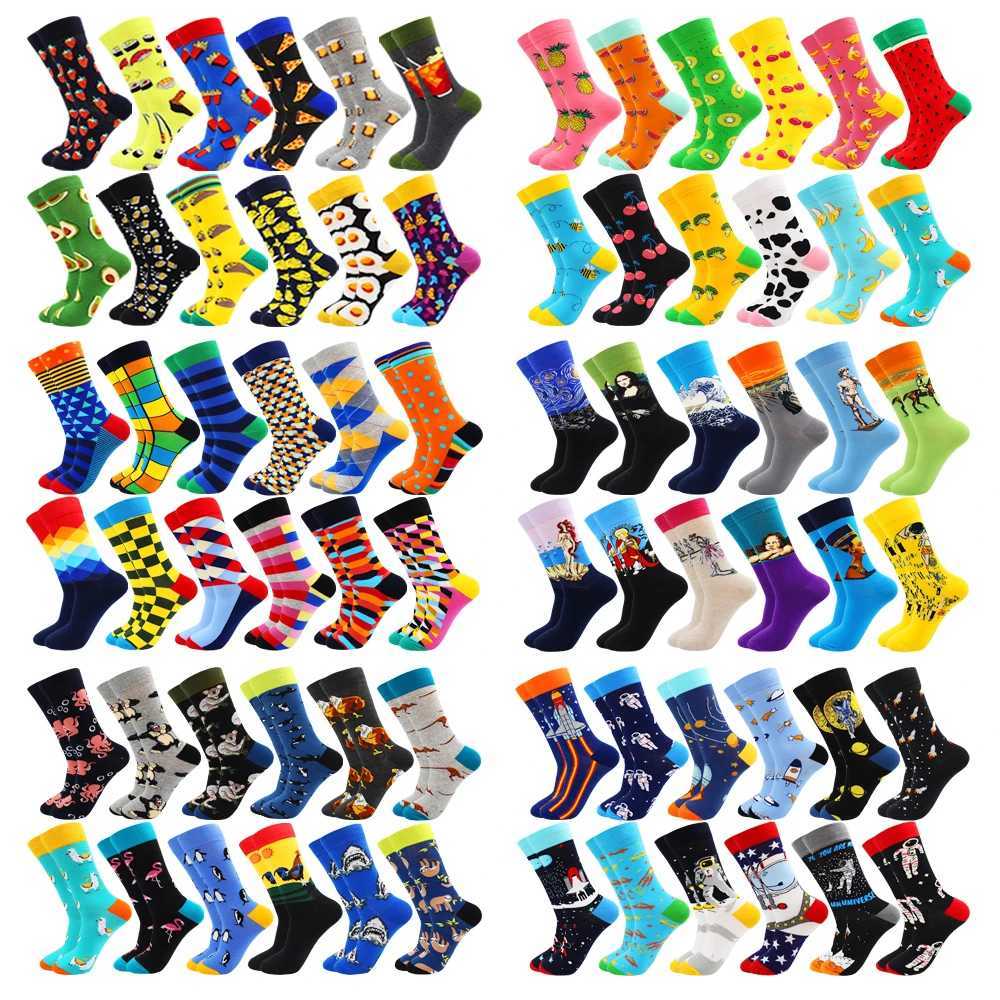 6 Pairs Fashion Casual Women and Men Socks Art Van Gogh Stripe Harajuku Fruit Animal Sloth Beer Funny Socks Dress Cotton SocksXJ241118