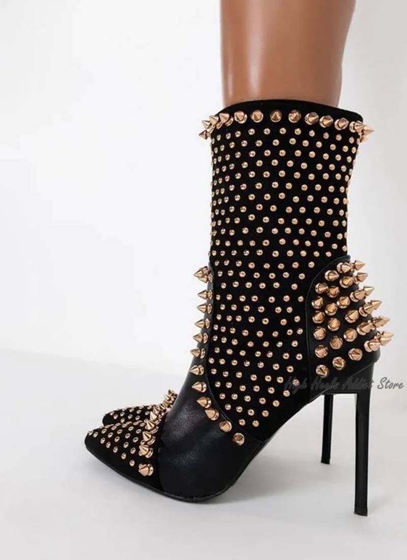 Black Studded Ankle Boots Women Sexy Full Stud High Heels Leather Booties Designer Party Stage Dress Shoes Free Shipping