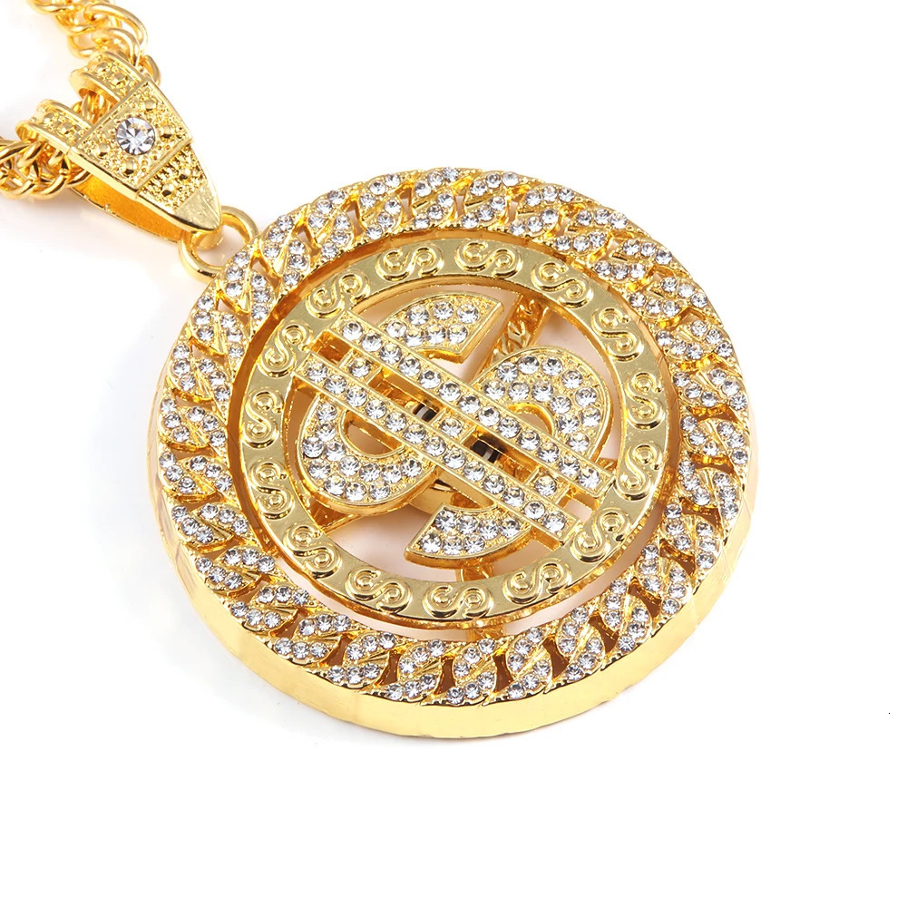 Hip Hop Rotatable US Dollar Pendant Necklace Men Gold Sliver Color Ice Out Crystal Sign Rock Pendant Bling Rapper Bling Jewerly 240323