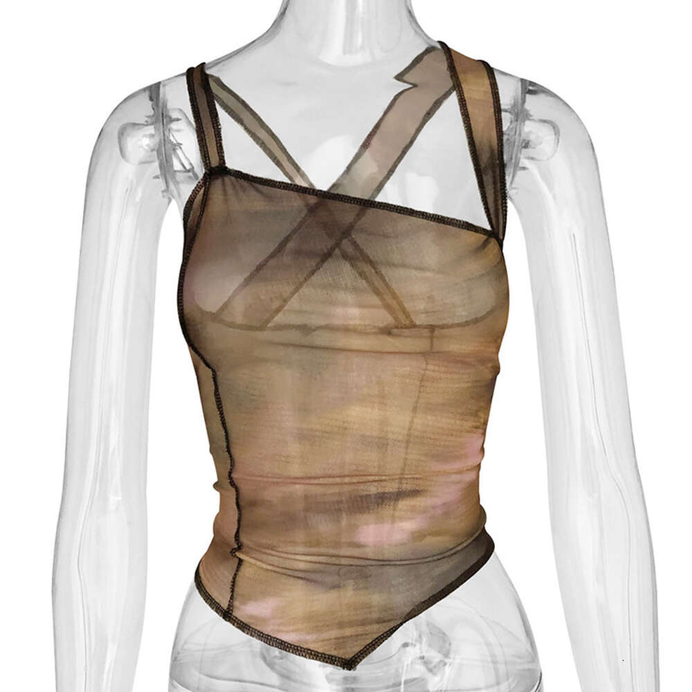 2024 New Summer Women's Sexy Mesh Perspective Shoulder Irregular and Tank Top F41914