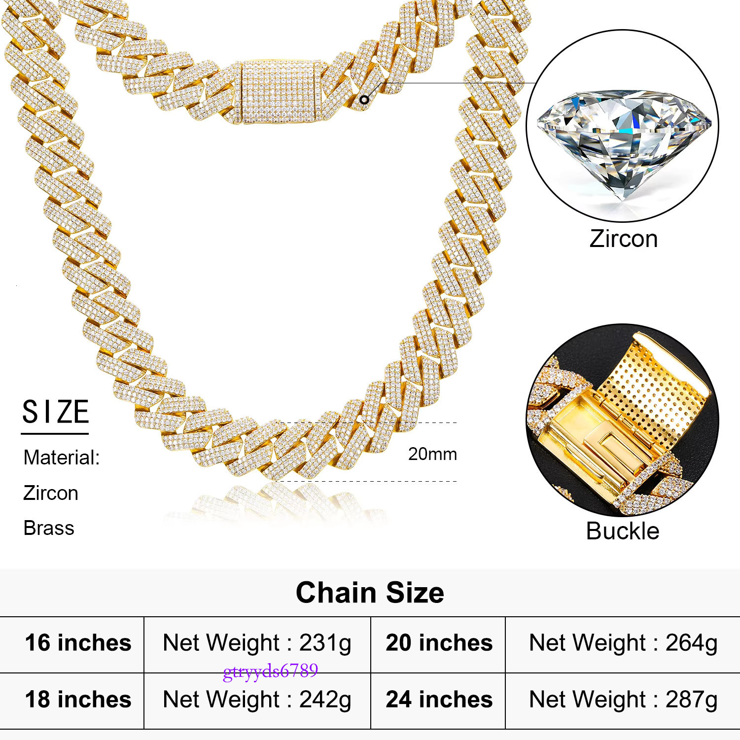 Fashion Mens Hip Hop Jewelry Gift Wholesale 20mm Gold Plated Brass 3 Rows AAAAA CZ Dia Iced Out Cuban k Chain Necklace
