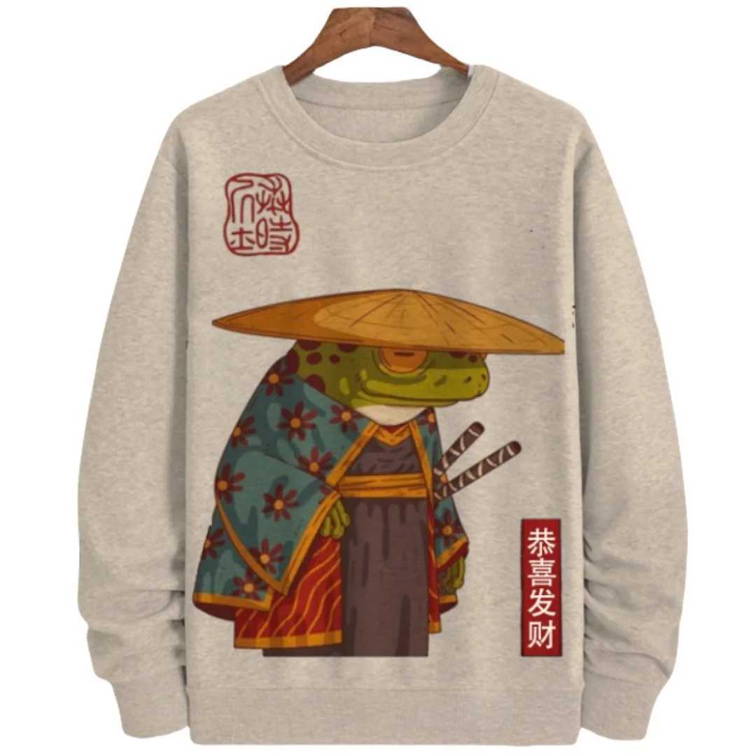 New Arrival Japanese style frog print mens sportswear streetwear round neck long Sve plow casual hooded sportswear mens clothing 5XL Z241118