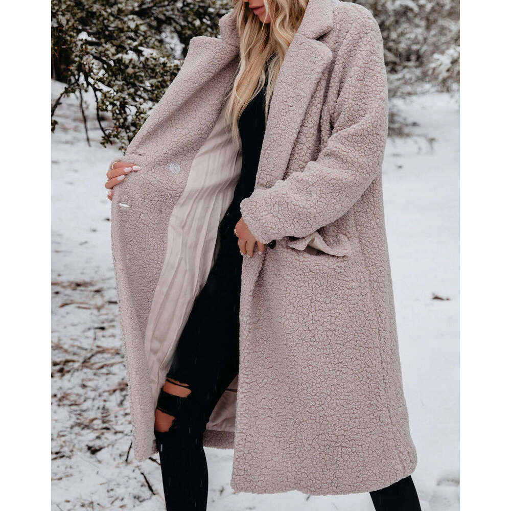 Autumn and winter warm long sleeved lapel plush top women's coat women