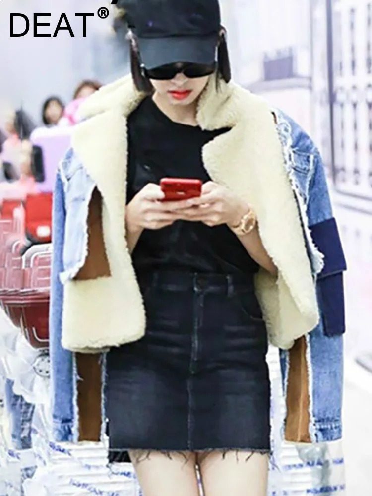 DEAT Autumn sheep fur turndown collar full sleeves denim blue patchwork spliced clothes letters printed coat trench WJ1020 241119
