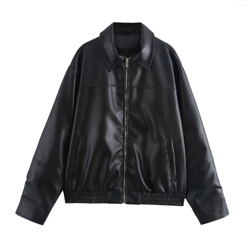 Women's Jackets Women Brown Long Sleeve Lapel Leather Jacket Fashion Zipper Pockets Loose Coats Autumn Winter Lady High Street Outerwear