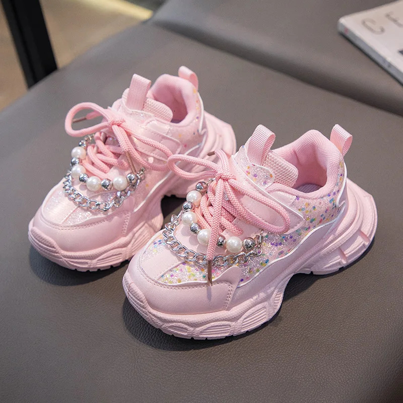 Kids Sneakers Girls Spring Fashion Shiny with Pearl Running Sport Shoes Children Nonslip Trainers Student Casual 241118