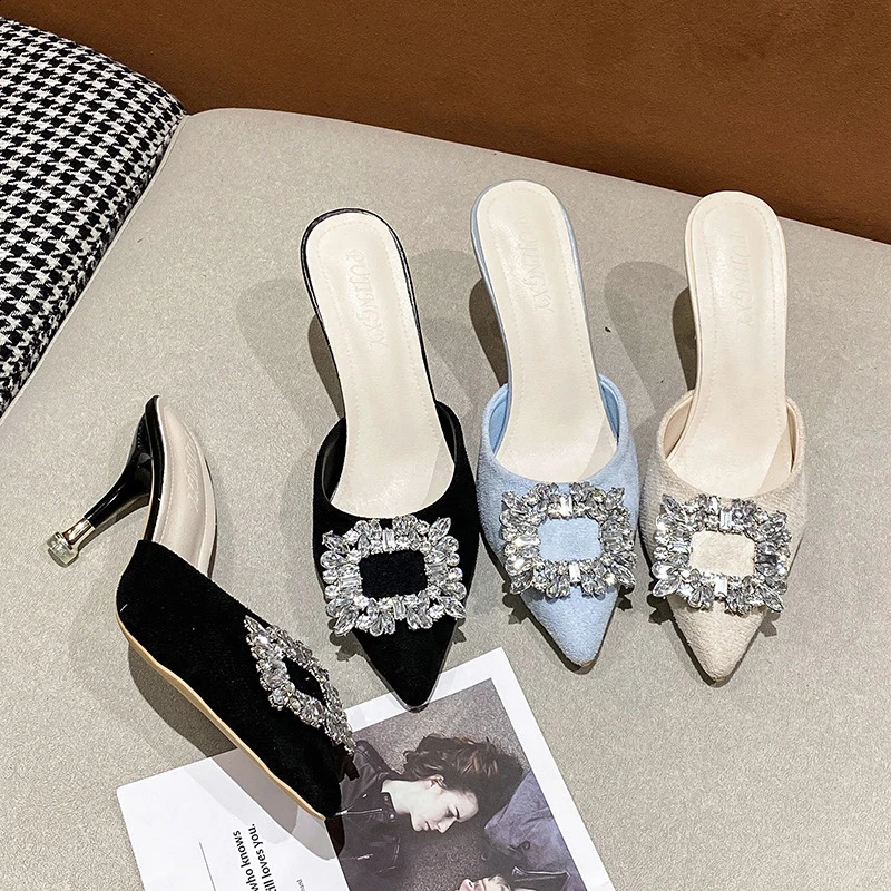 Summer New Korean Rhinestone Square Buckle Pointed Head Baotou Half Drag Fine Slippers with Womens Shoes 241119