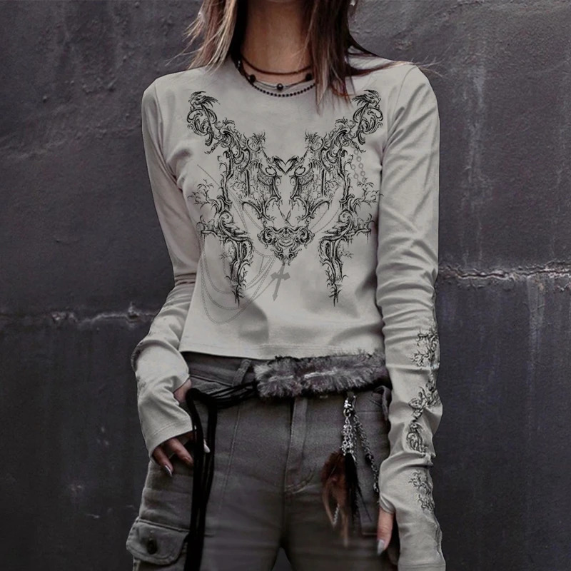 Y2K 2000s Vintage T -Shirt Indie Graphic Print Crop Top Autumn Aesthetic Women Clothes Long Sleeve Fairycore Grunge Streetwear 240409